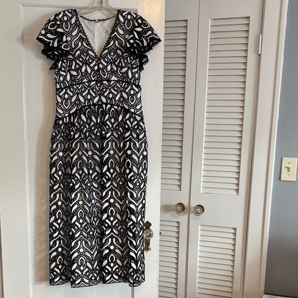 Monique Lhuillier Black and White Patterned Midi Dress
